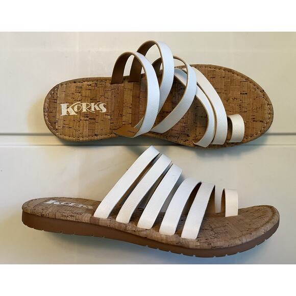 Kork-Ease Shoes - Korks Sandals Women's 8 M White Faux Leather Strappy Toe Ring Flat Cork Khela20